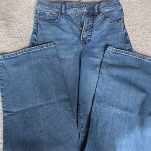 Blue Flare Wide Leg Jeans with Worn Look